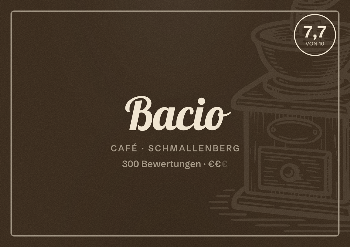 Illustriertes Poster von Bacio, Café in Schmallenberg: Bewertung 7,7 von 10 aus 300 Bewertungen, Preisniveau €€