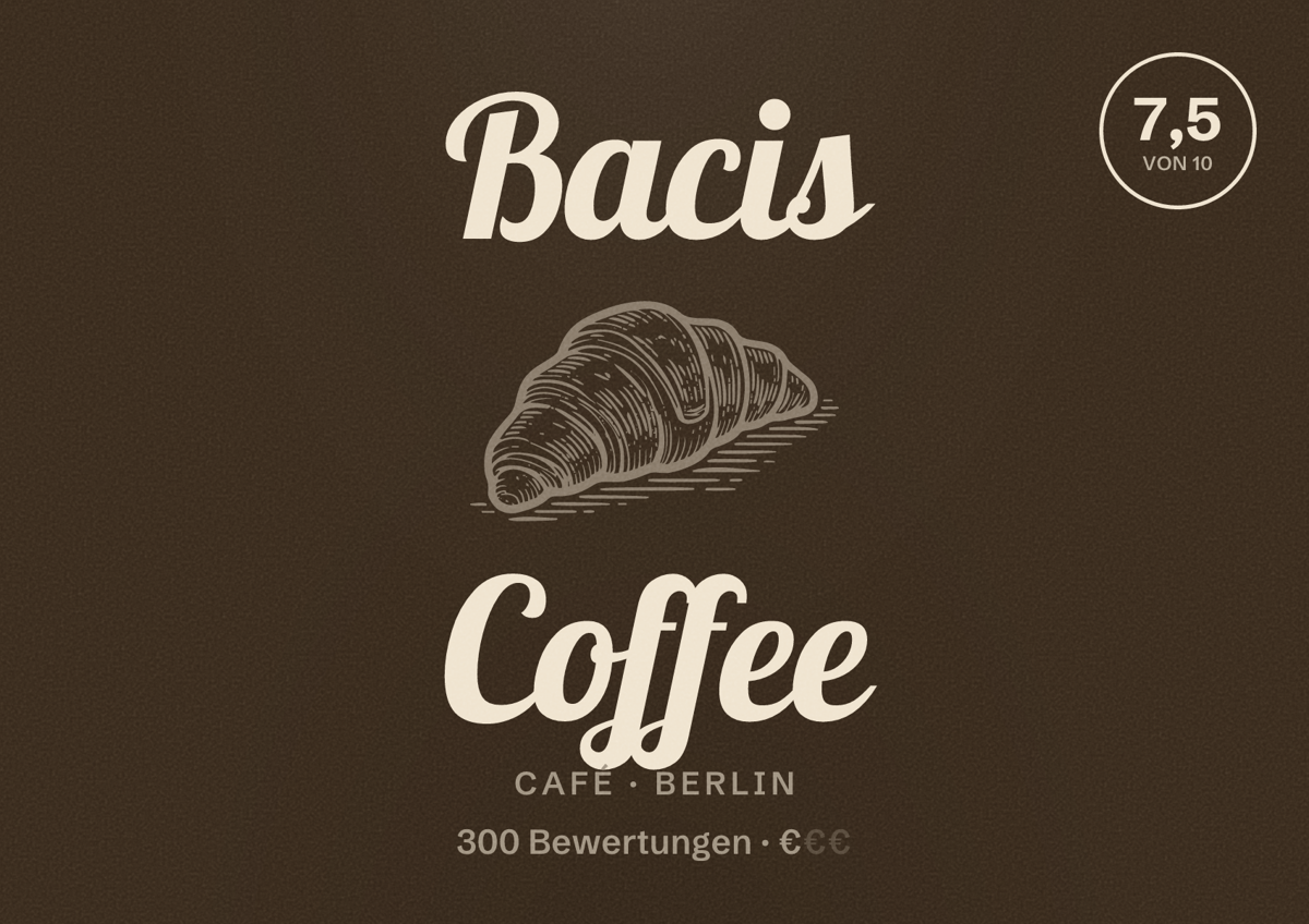 Illustriertes Poster von Bacis Coffee, Café in Berlin: Bewertung 7,5 von 10 aus 300 Bewertungen, Preisniveau €