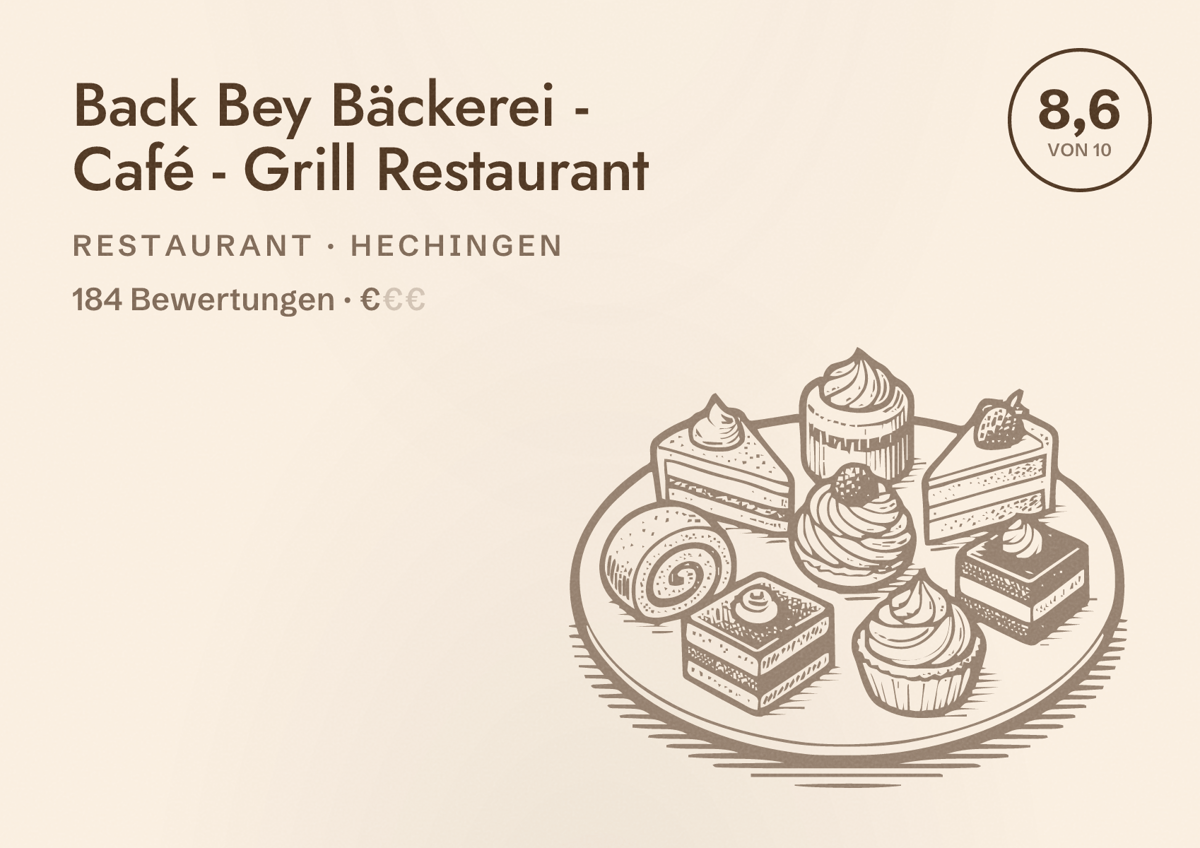 Illustriertes Poster von Back Bey Bäckerei - Café - Grill Restaurant, Restaurant in Hechingen: Bewertung 8,6 von 10 aus 184 Bewertungen, Preisniveau €