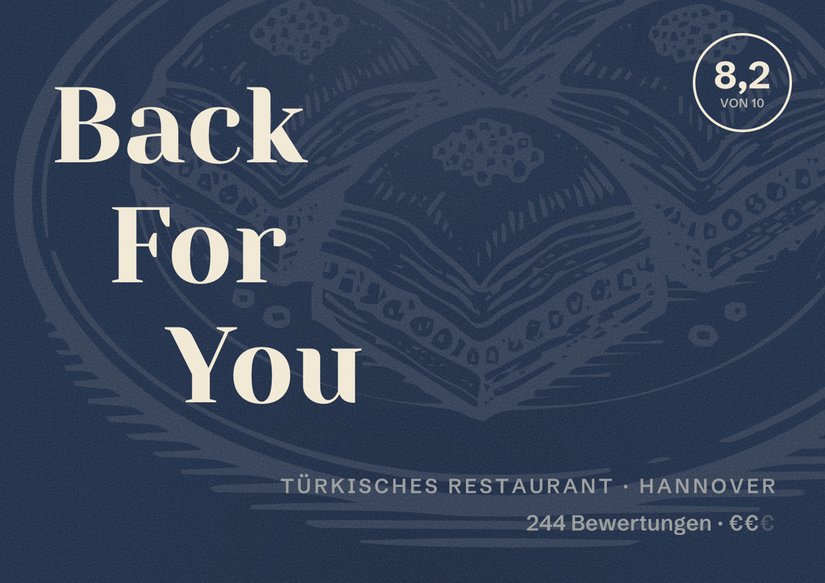Illustriertes Poster von Back For You, Türkisches Restaurant in Hannover: Bewertung 8,2 von 10 aus 244 Bewertungen, Preisniveau €€
