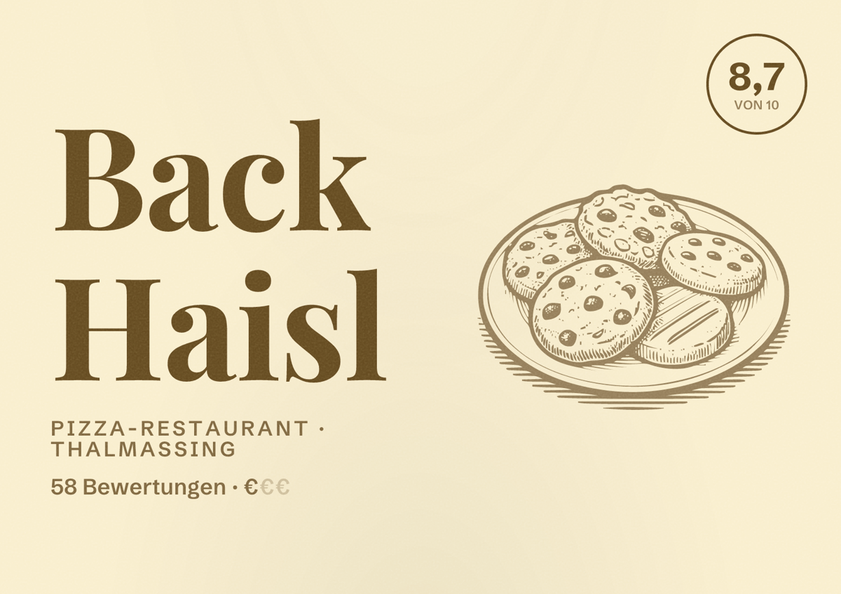Illustriertes Poster von Back Haisl, Pizza-Restaurant in Thalmassing: Bewertung 8,7 von 10 aus 58 Bewertungen, Preisniveau €