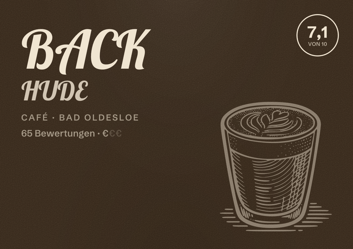 Illustriertes Poster von BACK HUDE, Café in Bad Oldesloe: Bewertung 7,1 von 10 aus 65 Bewertungen, Preisniveau €