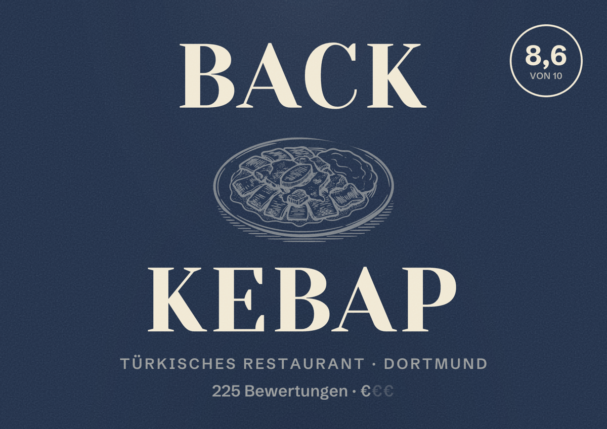 Illustriertes Poster von Back Kebap, Türkisches Restaurant in Dortmund: Bewertung 8,6 von 10 aus 225 Bewertungen, Preisniveau €