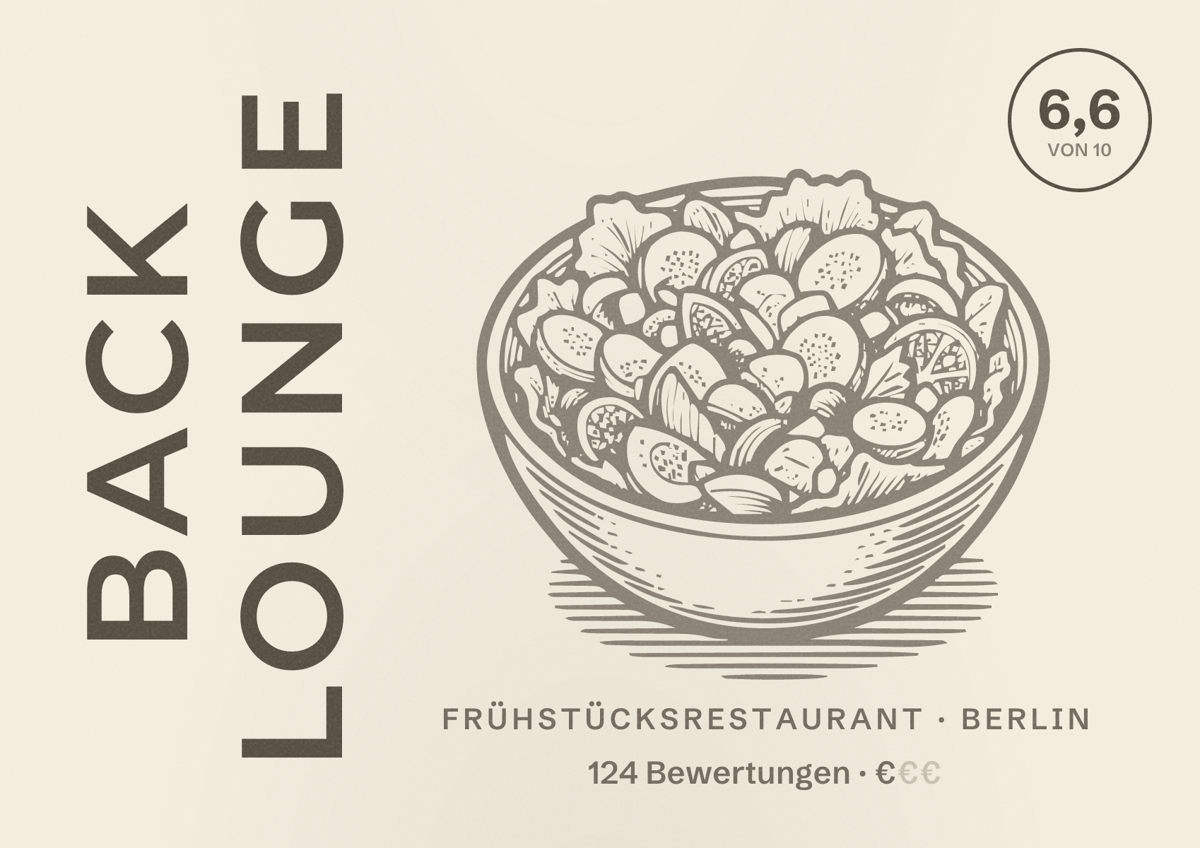 Illustriertes Poster von Back Lounge, Frühstücksrestaurant in Berlin: Bewertung 6,6 von 10 aus 124 Bewertungen, Preisniveau €