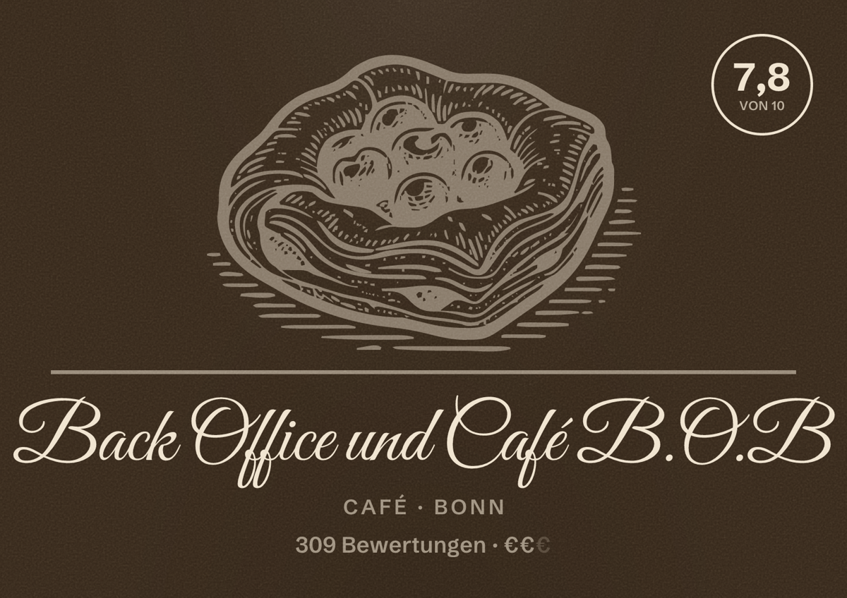 Illustriertes Poster von Back Office und Café B.O.B, Café in Bonn: Bewertung 7,8 von 10 aus 309 Bewertungen, Preisniveau €€