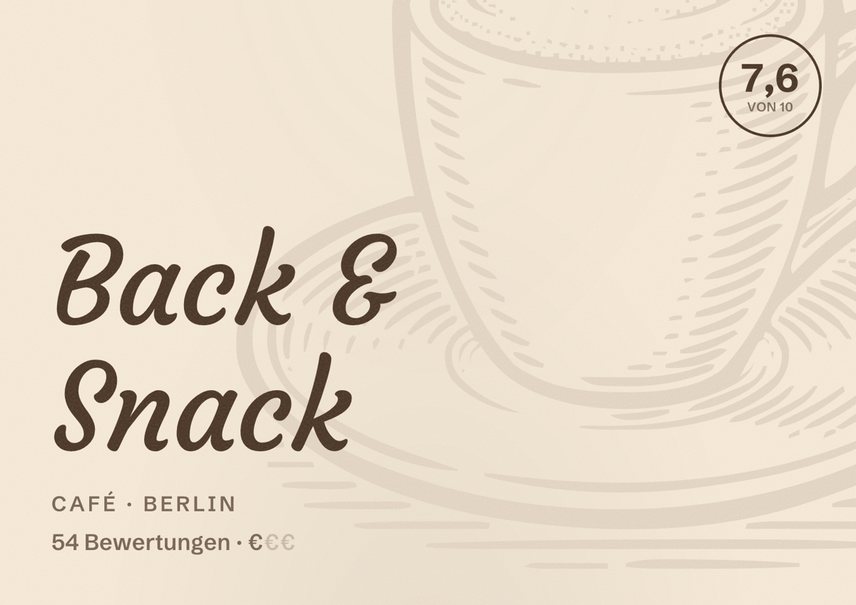 Illustriertes Poster von Back & Snack, Café in Berlin: Bewertung 7,6 von 10 aus 54 Bewertungen, Preisniveau €