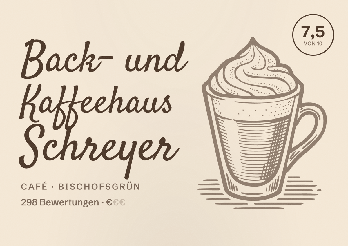 Illustriertes Poster von Back- und Kaffeehaus Schreyer, Café in Bischofsgrün: Bewertung 7,5 von 10 aus 298 Bewertungen, Preisniveau €