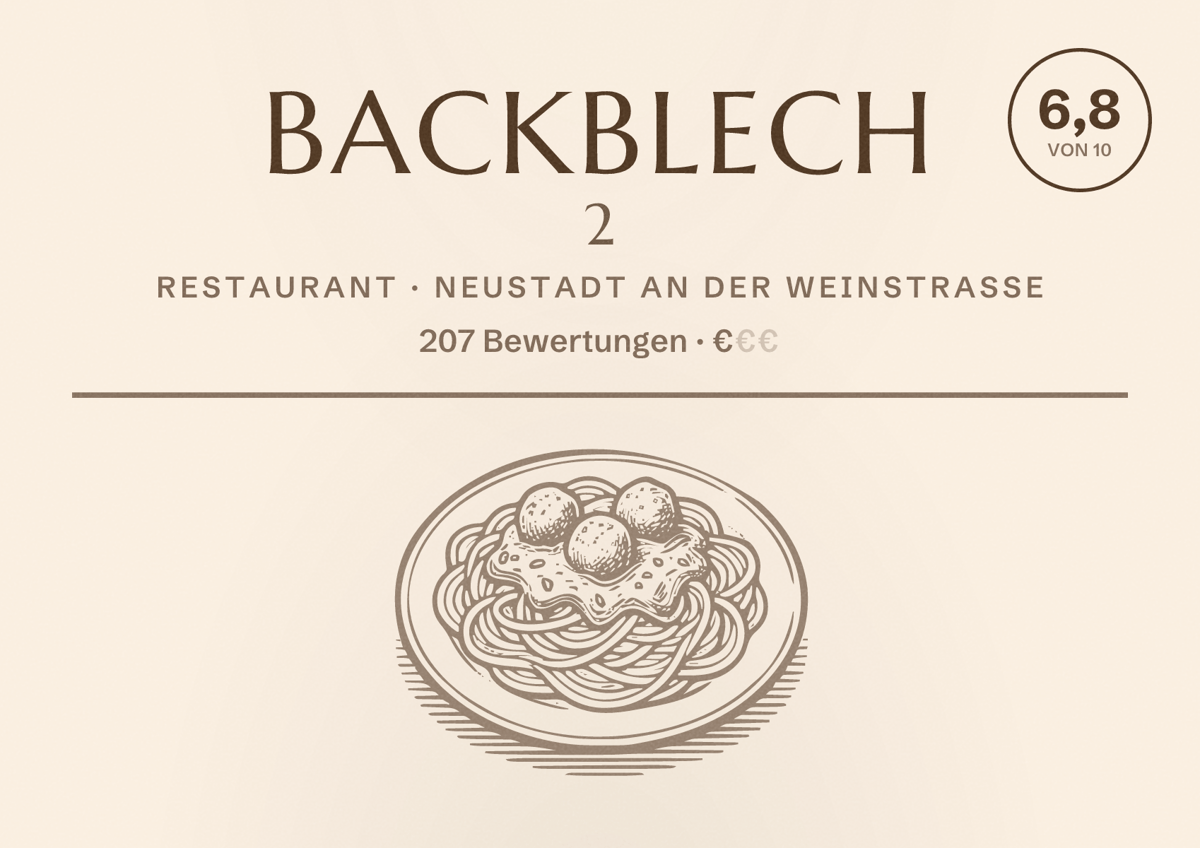 Illustriertes Poster von Backblech 2, Restaurant in Neustadt an der Weinstraße: Bewertung 6,8 von 10 aus 207 Bewertungen, Preisniveau €