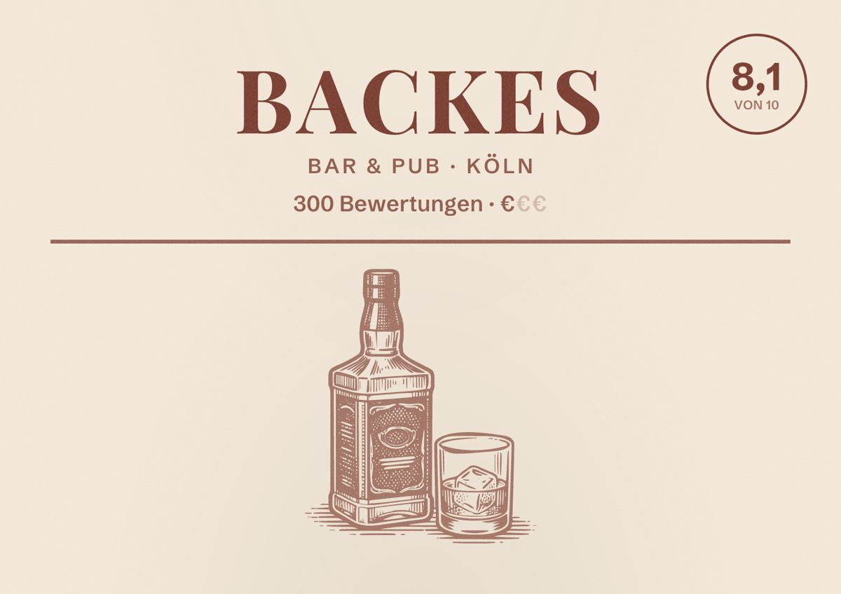Illustriertes Poster von Backes, Bar & Pub in Köln: Bewertung 8,1 von 10 aus 300 Bewertungen, Preisniveau €