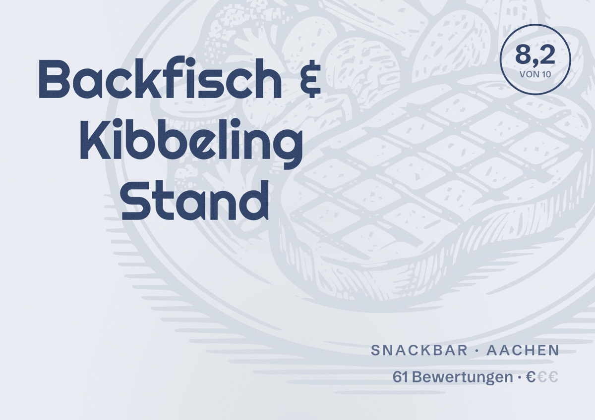 Illustriertes Poster von Backfisch & Kibbeling Stand, Snackbar in Aachen: Bewertung 8,2 von 10 aus 61 Bewertungen, Preisniveau €