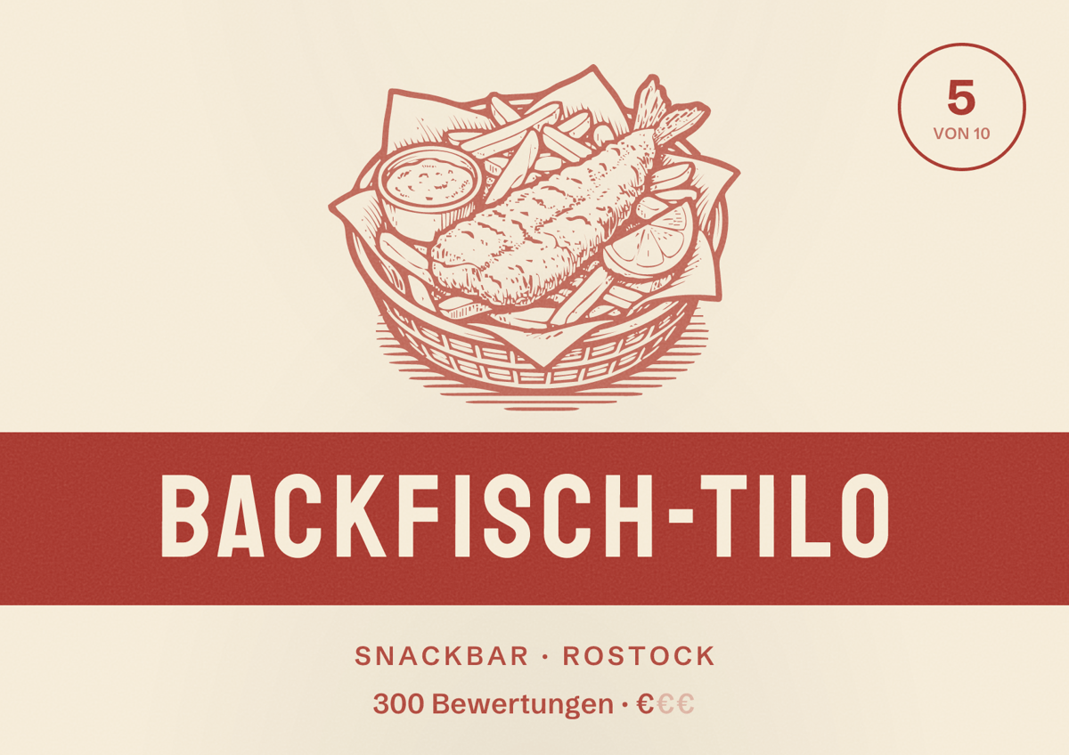 Illustriertes Poster von Backfisch-Tilo, Snackbar in Rostock: Bewertung 5 von 10 aus 300 Bewertungen, Preisniveau €