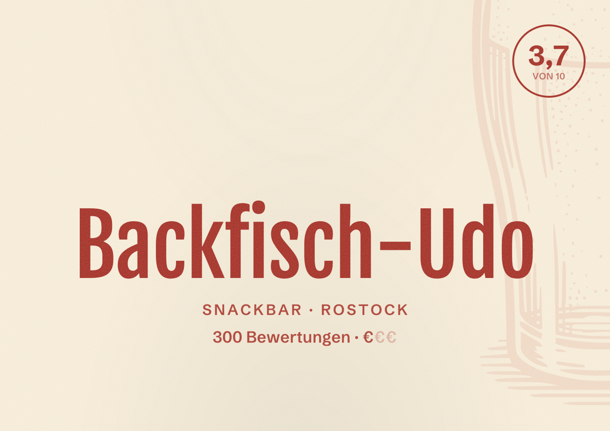 Illustriertes Poster von Backfisch-Udo, Snackbar in Rostock: Bewertung 3,7 von 10 aus 300 Bewertungen, Preisniveau €