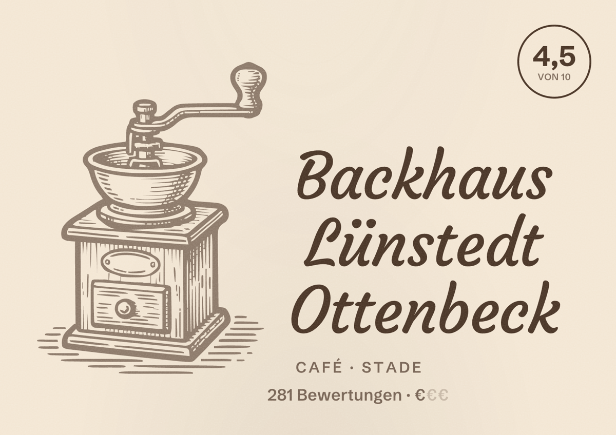 Illustriertes Poster von Backhaus Lünstedt Ottenbeck, Café in Stade: Bewertung 4,5 von 10 aus 281 Bewertungen, Preisniveau €