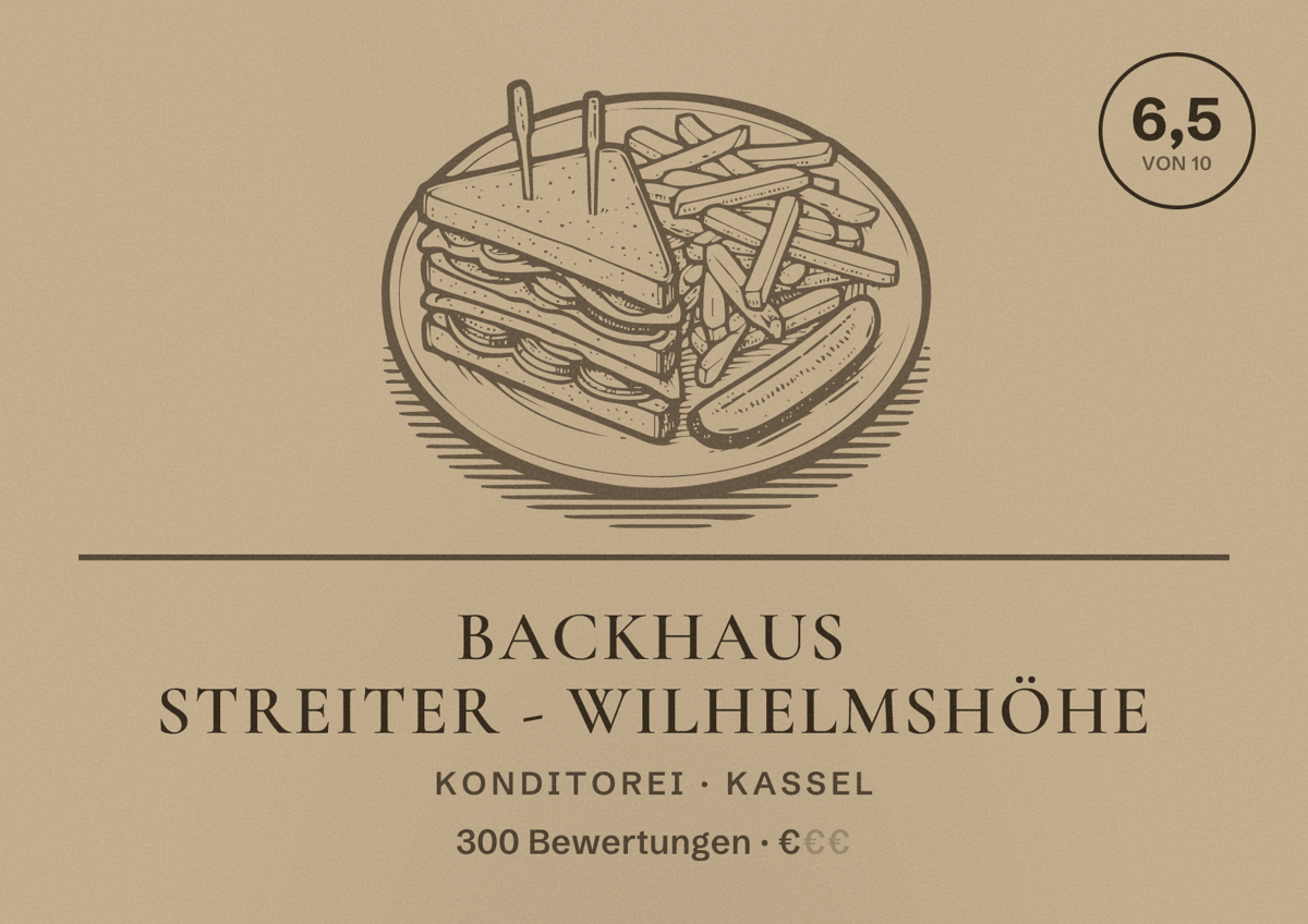 Illustriertes Poster von Backhaus Streiter - Wilhelmshöhe, Konditorei in Kassel: Bewertung 6,5 von 10 aus 300 Bewertungen, Preisniveau €