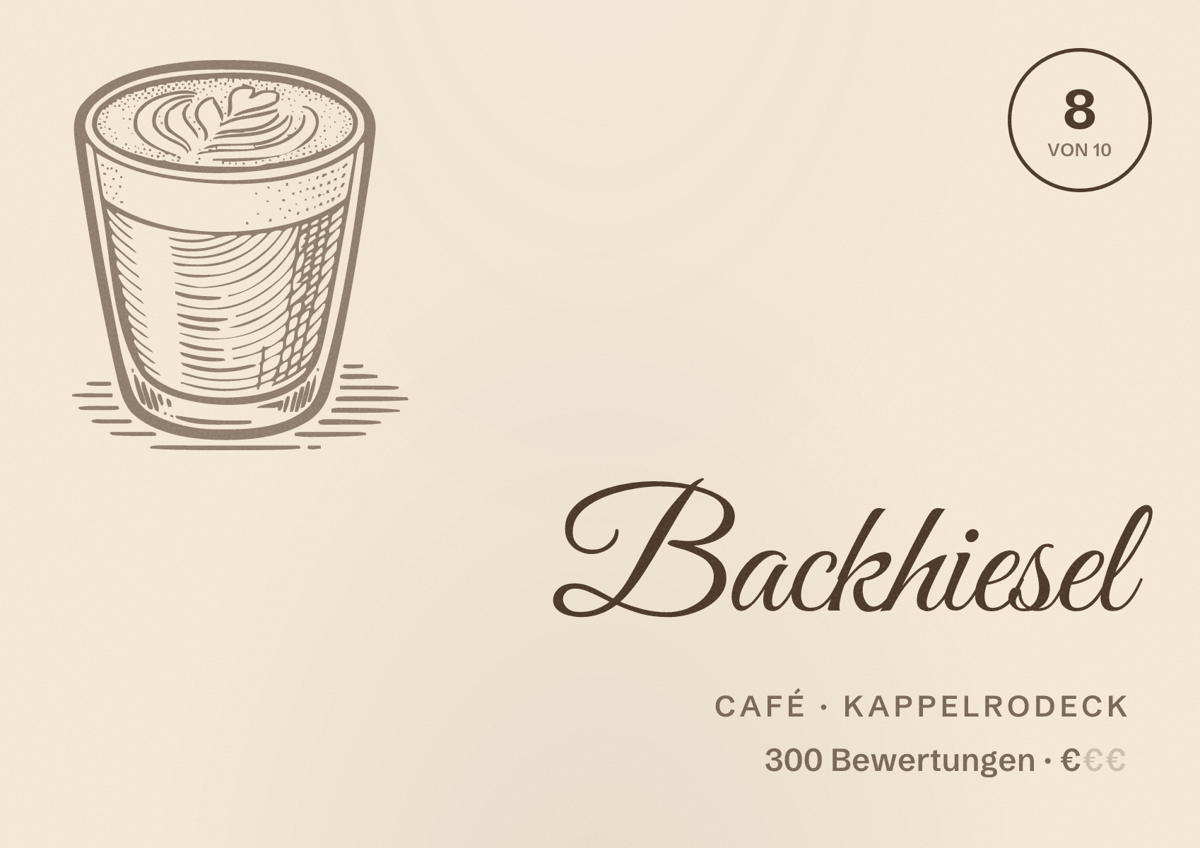 Illustriertes Poster von Backhiesel, Café in Kappelrodeck: Bewertung 8 von 10 aus 300 Bewertungen, Preisniveau €