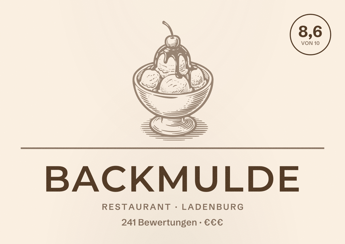 Illustriertes Poster von Backmulde, Restaurant in Ladenburg: Bewertung 8,6 von 10 aus 241 Bewertungen, Preisniveau €€€