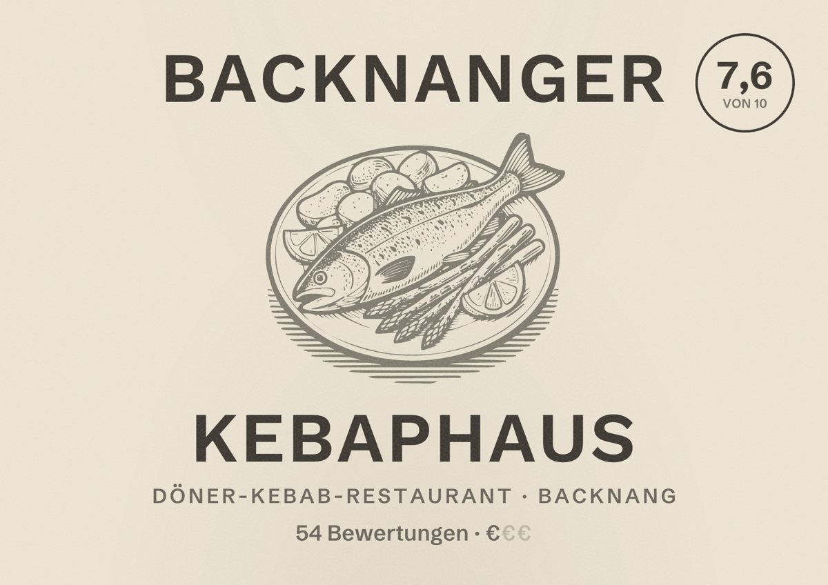 Illustriertes Poster von Backnanger Kebaphaus, Döner-Kebab-Restaurant in Backnang: Bewertung 7,6 von 10 aus 54 Bewertungen, Preisniveau €