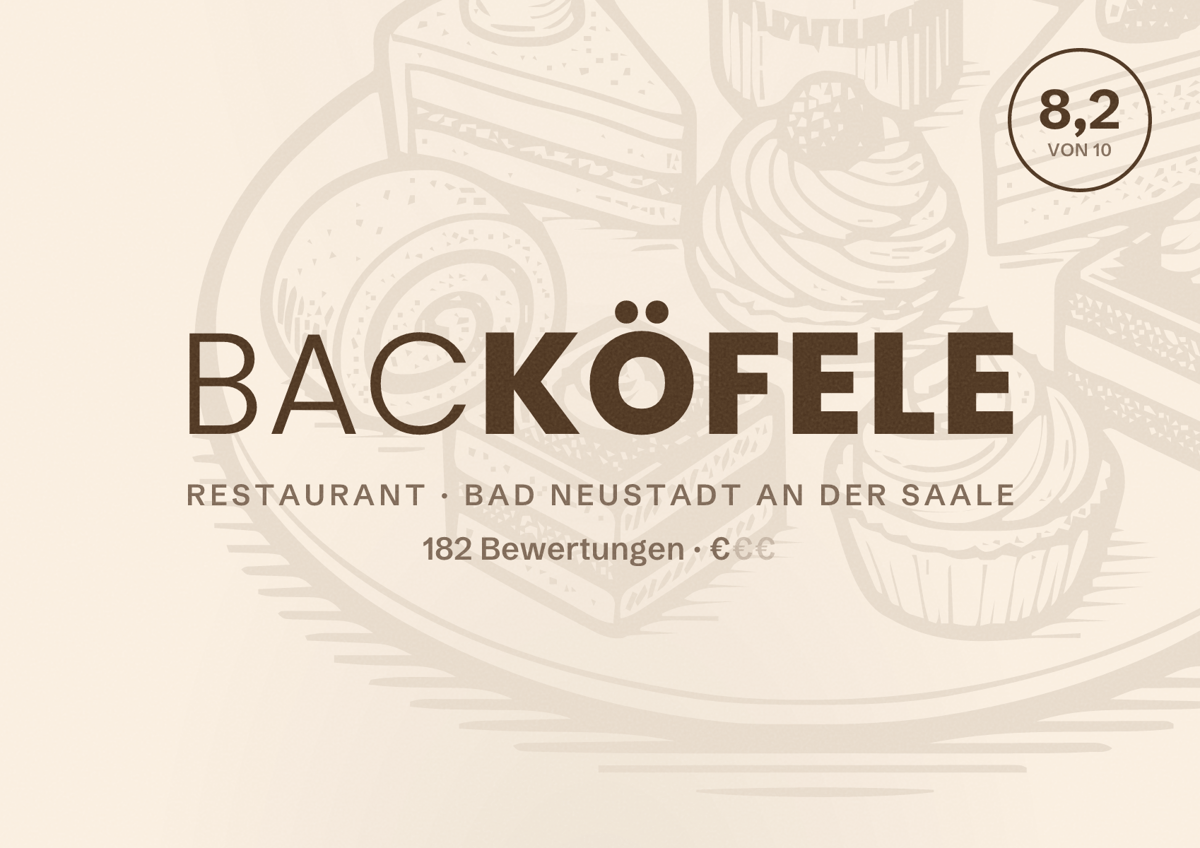 Illustriertes Poster von Backöfele, Restaurant in Bad Neustadt an der Saale: Bewertung 8,2 von 10 aus 182 Bewertungen, Preisniveau €
