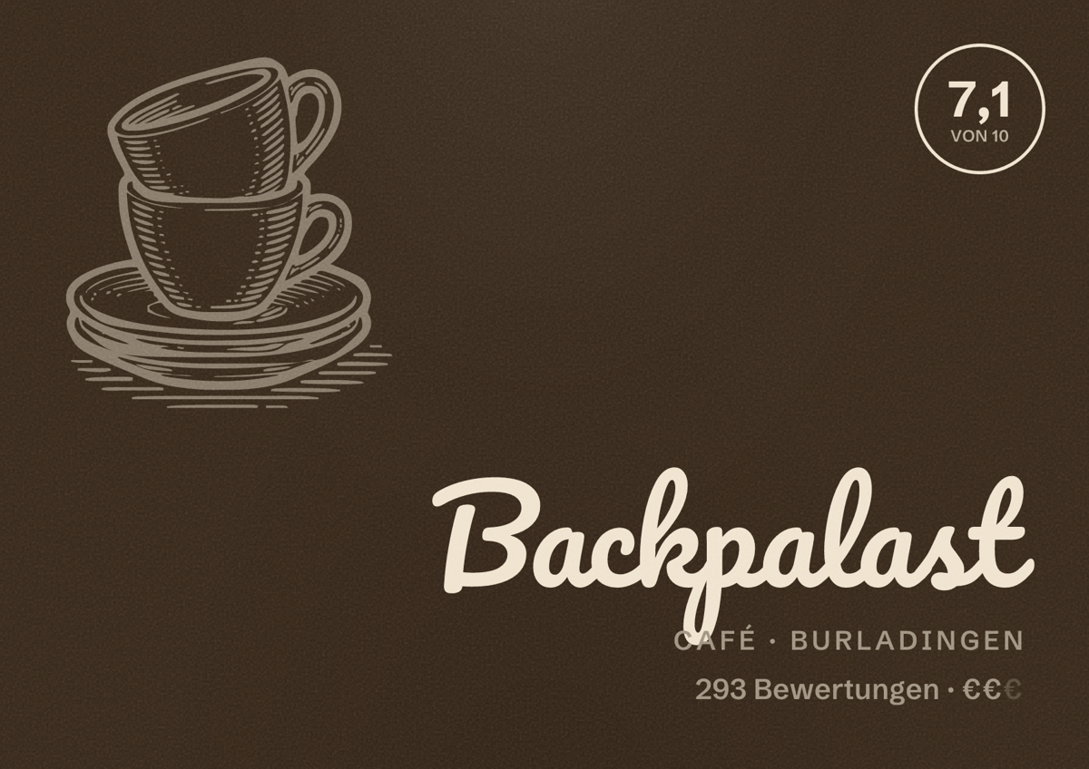 Illustriertes Poster von Backpalast, Café in Burladingen: Bewertung 7,1 von 10 aus 293 Bewertungen, Preisniveau €€