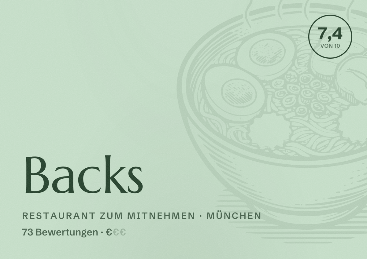 Illustriertes Poster von Backs, Restaurant zum Mitnehmen in München: Bewertung 7,4 von 10 aus 73 Bewertungen, Preisniveau €