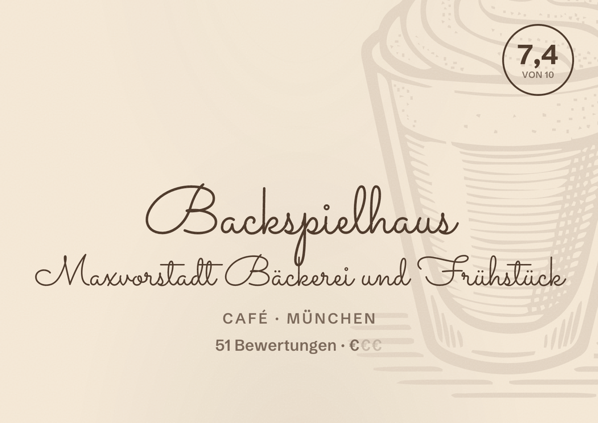 Illustriertes Poster von Backspielhaus Maxvorstadt Bäckerei und Frühstück, Café in München: Bewertung 7,4 von 10 aus 51 Bewertungen, Preisniveau €
