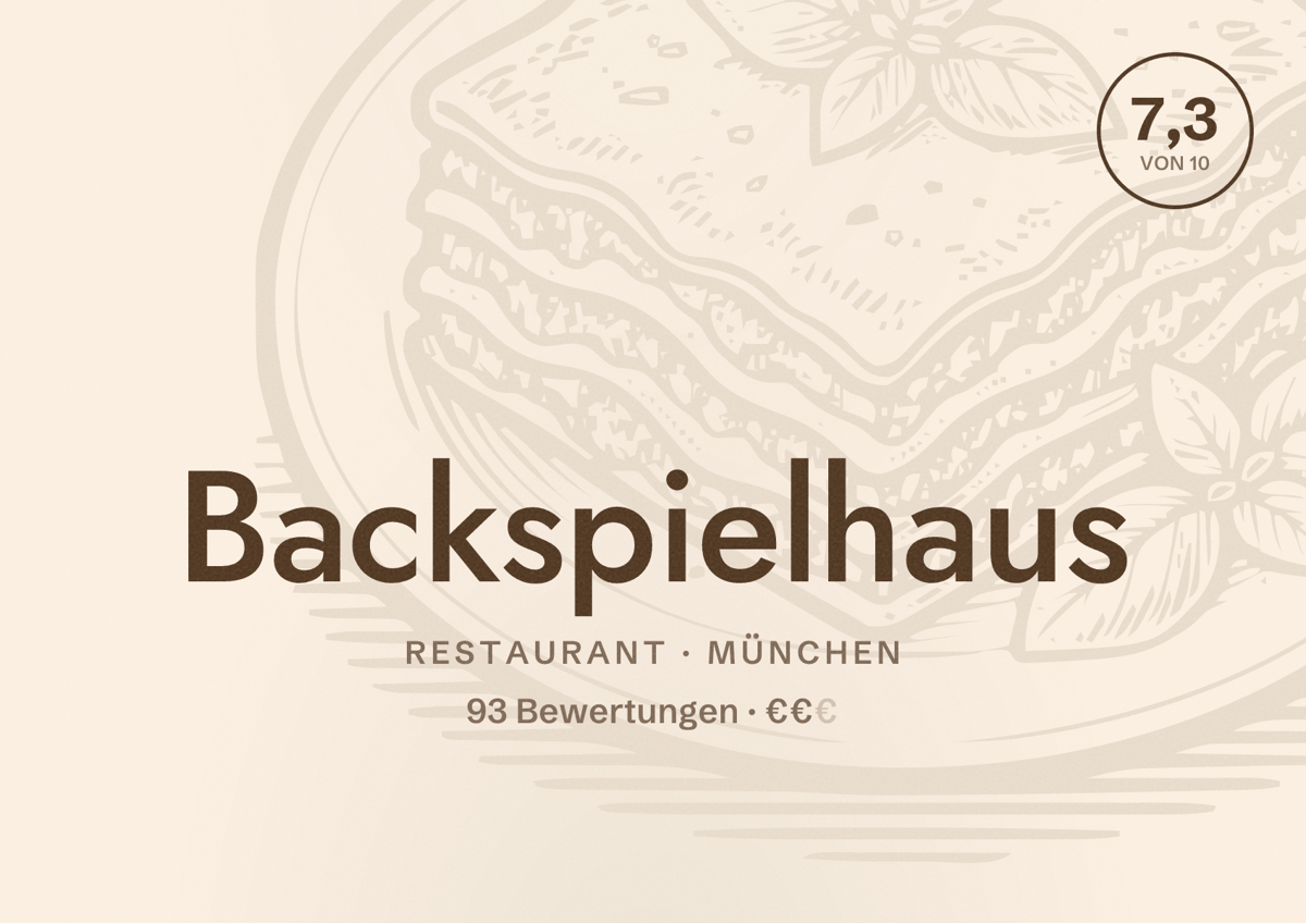 Illustriertes Poster von Backspielhaus, Restaurant in München: Bewertung 7,3 von 10 aus 93 Bewertungen, Preisniveau €€