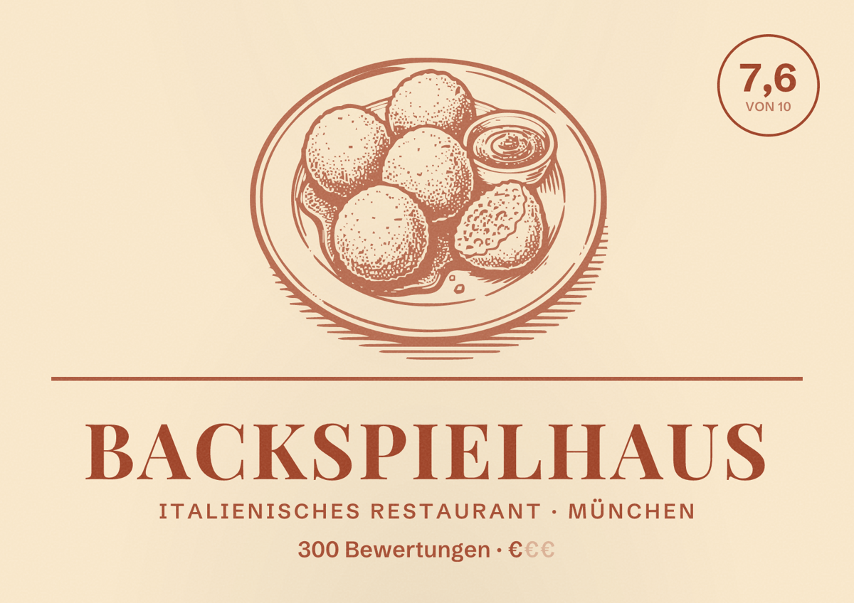 Illustriertes Poster von Backspielhaus, Italienisches Restaurant in München: Bewertung 7,6 von 10 aus 300 Bewertungen, Preisniveau €