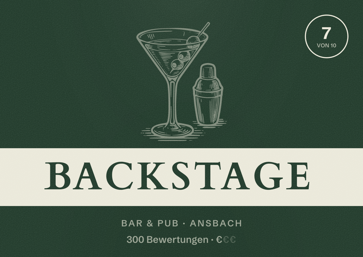 Illustriertes Poster von backstage, Bar & Pub in Ansbach: Bewertung 7 von 10 aus 300 Bewertungen, Preisniveau €