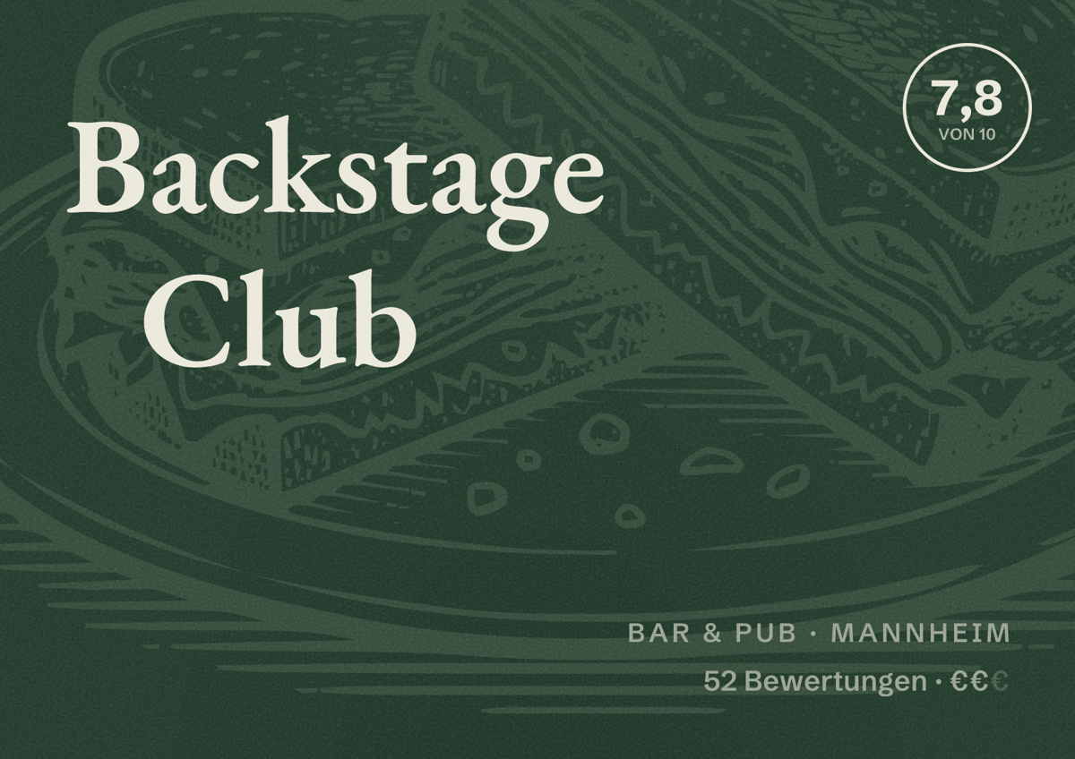 Illustriertes Poster von Backstage Club, Bar & Pub in Mannheim: Bewertung 7,8 von 10 aus 52 Bewertungen, Preisniveau €€