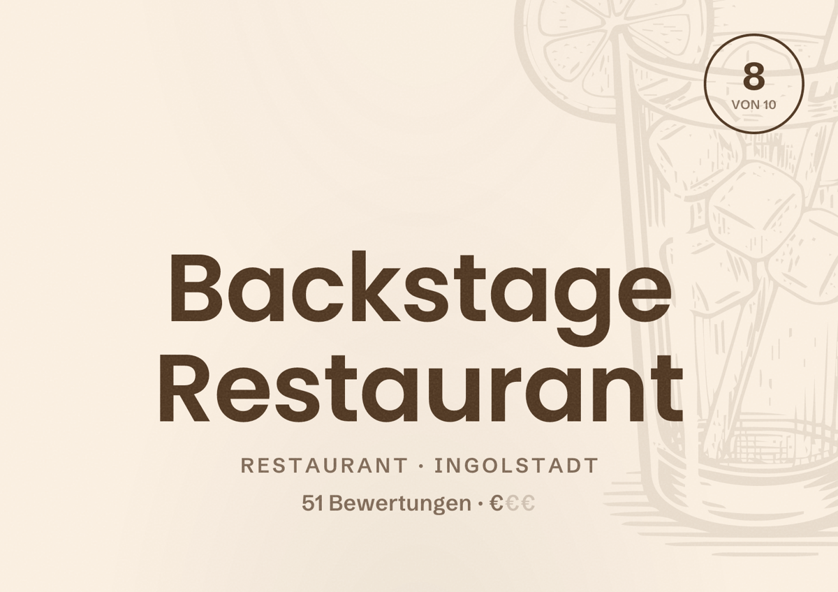 Illustriertes Poster von Backstage Restaurant, Restaurant in Ingolstadt: Bewertung 8 von 10 aus 51 Bewertungen, Preisniveau €