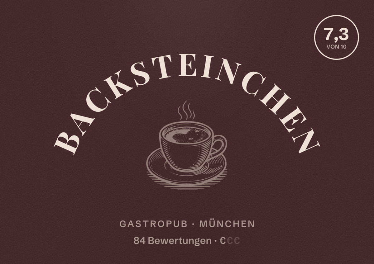 Illustriertes Poster von Backsteinchen, Gastropub in München: Bewertung 7,3 von 10 aus 84 Bewertungen, Preisniveau €