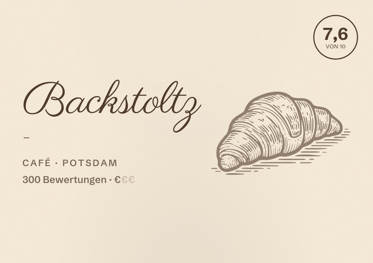 Illustriertes Poster von Backstoltz -, Café in Potsdam: Bewertung 7,6 von 10 aus 300 Bewertungen, Preisniveau €