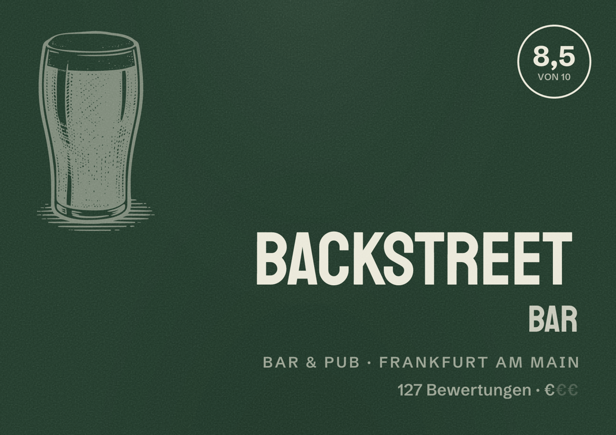 Illustriertes Poster von Backstreet Bar, Bar & Pub in Frankfurt am Main: Bewertung 8,5 von 10 aus 127 Bewertungen, Preisniveau €