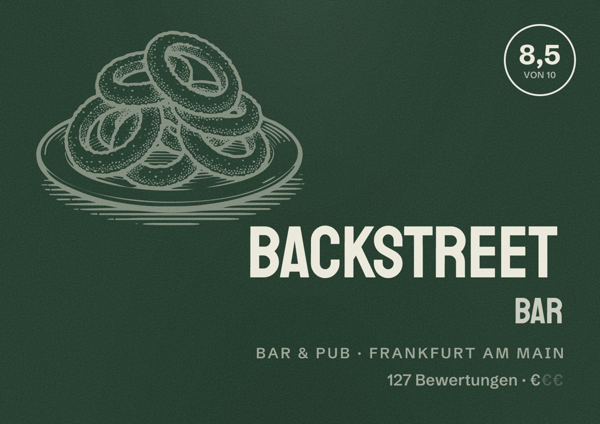 Illustriertes Poster von Backstreet Bar, Bar & Pub in Frankfurt am Main: Bewertung 8,5 von 10 aus 127 Bewertungen, Preisniveau €