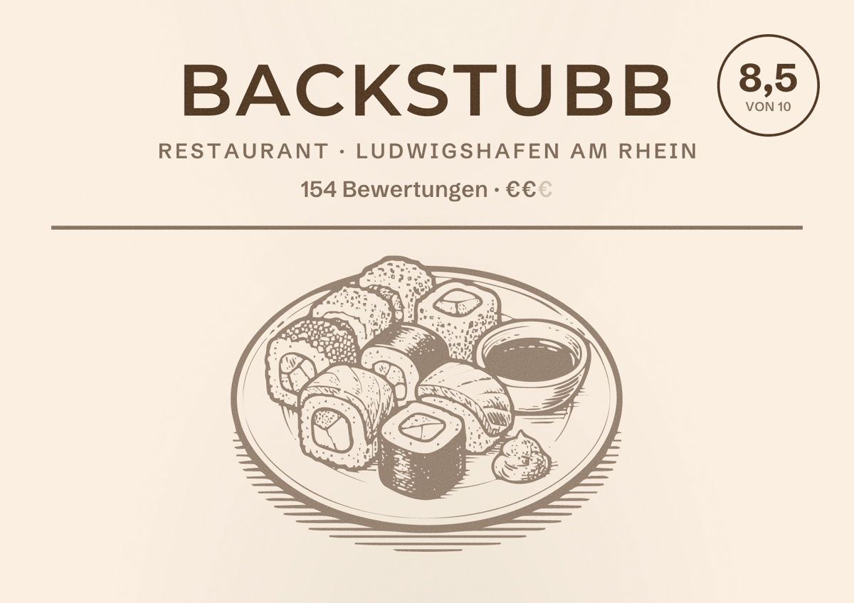 Illustriertes Poster von Backstubb, Restaurant in Ludwigshafen am Rhein: Bewertung 8,5 von 10 aus 154 Bewertungen, Preisniveau €€