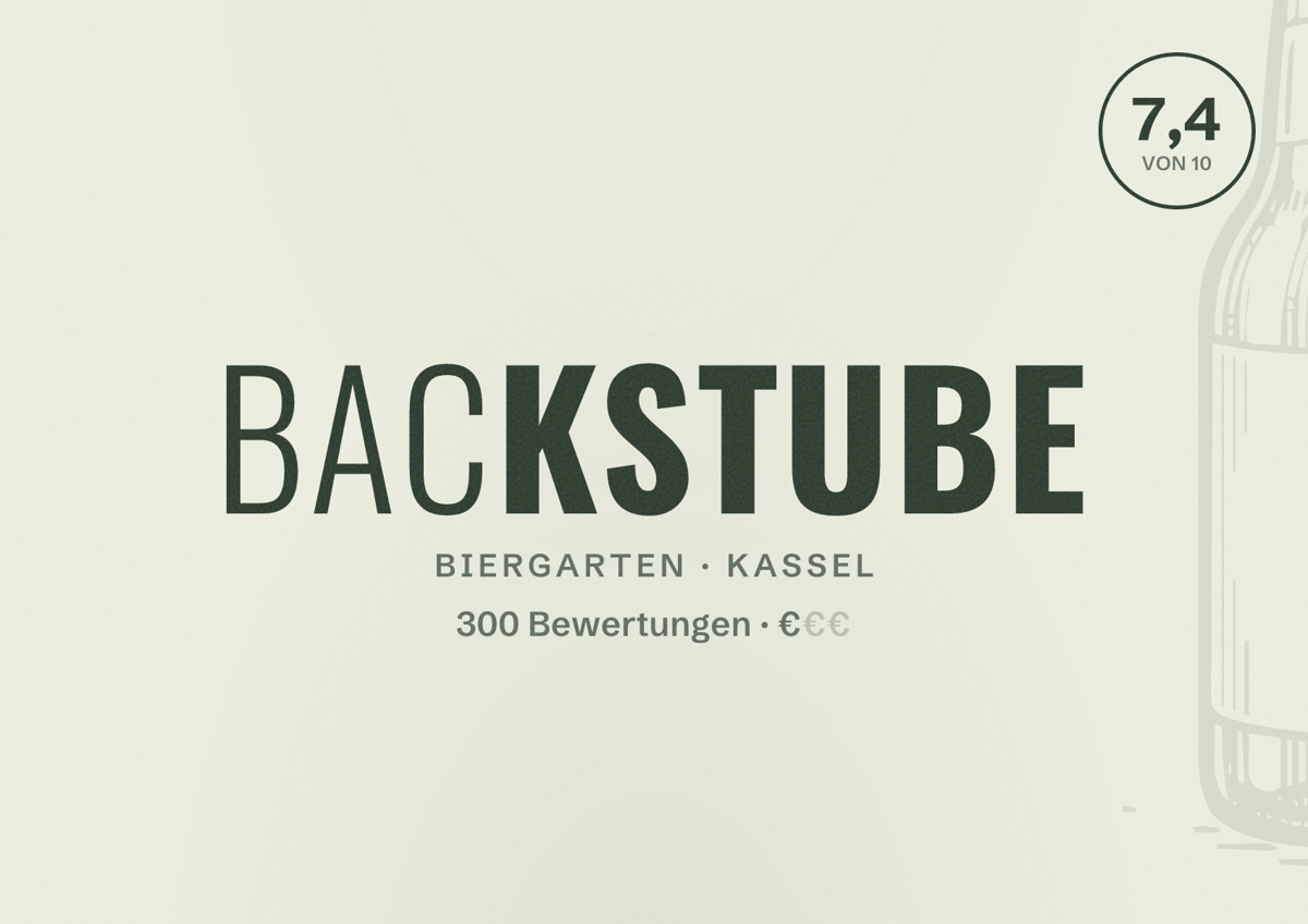 Illustriertes Poster von Backstube, Biergarten in Kassel: Bewertung 7,4 von 10 aus 300 Bewertungen, Preisniveau €