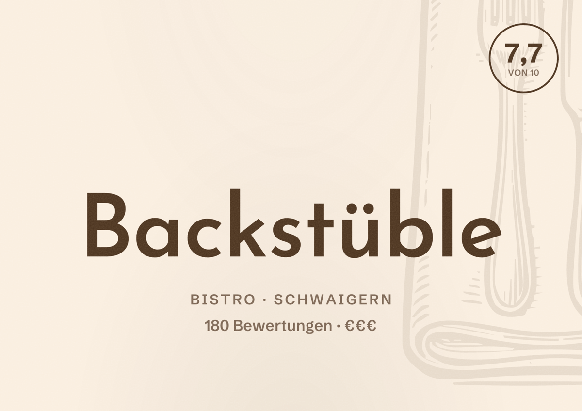 Illustriertes Poster von Backstüble, Bistro in Schwaigern: Bewertung 7,7 von 10 aus 180 Bewertungen, Preisniveau €€€