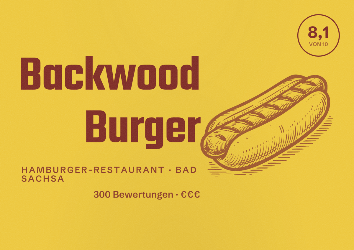 Illustriertes Poster von Backwood Burger, Hamburger-Restaurant in Bad Sachsa: Bewertung 8,1 von 10 aus 300 Bewertungen, Preisniveau €€€