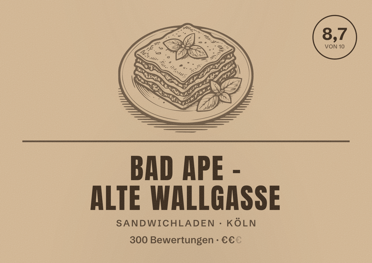 Illustriertes Poster von BAD APE - Alte Wallgasse, Sandwichladen in Köln: Bewertung 8,7 von 10 aus 300 Bewertungen, Preisniveau €€