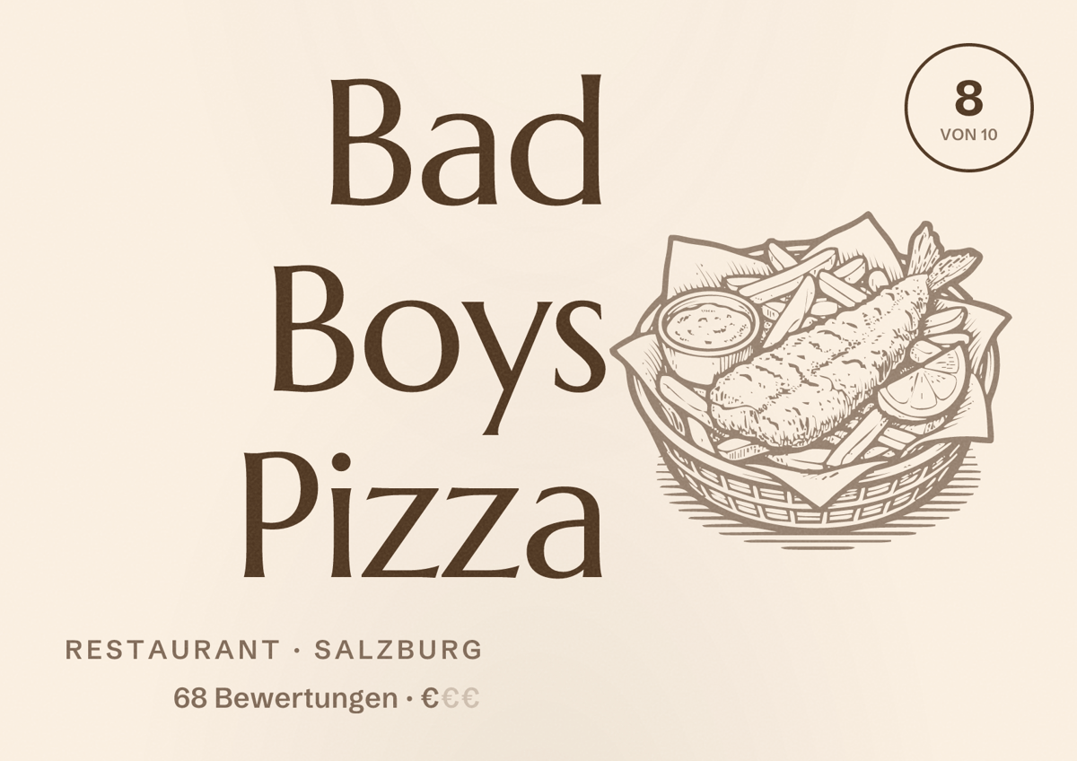 Illustriertes Poster von Bad Boys Pizza, Restaurant in Salzburg: Bewertung 8 von 10 aus 68 Bewertungen, Preisniveau €