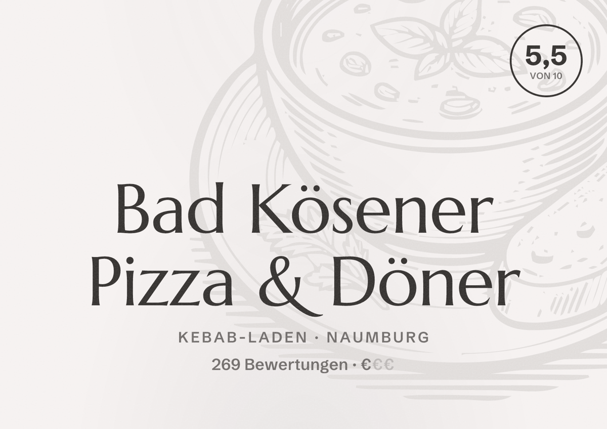 Illustriertes Poster von Bad Kösener Pizza & Döner, Kebab-Laden in Naumburg: Bewertung 5,5 von 10 aus 269 Bewertungen, Preisniveau €