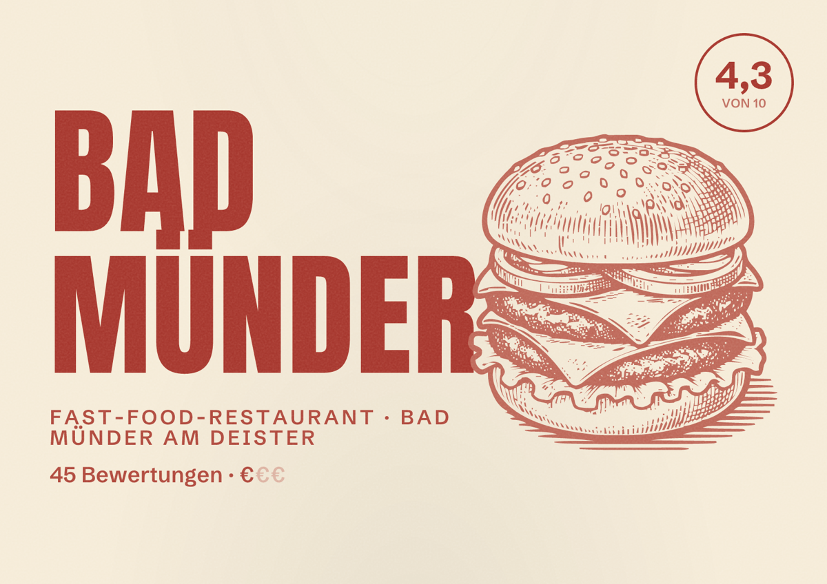 Illustriertes Poster von Bad münder, Fast-Food-Restaurant in Bad Münder am Deister: Bewertung 4,3 von 10 aus 45 Bewertungen, Preisniveau €