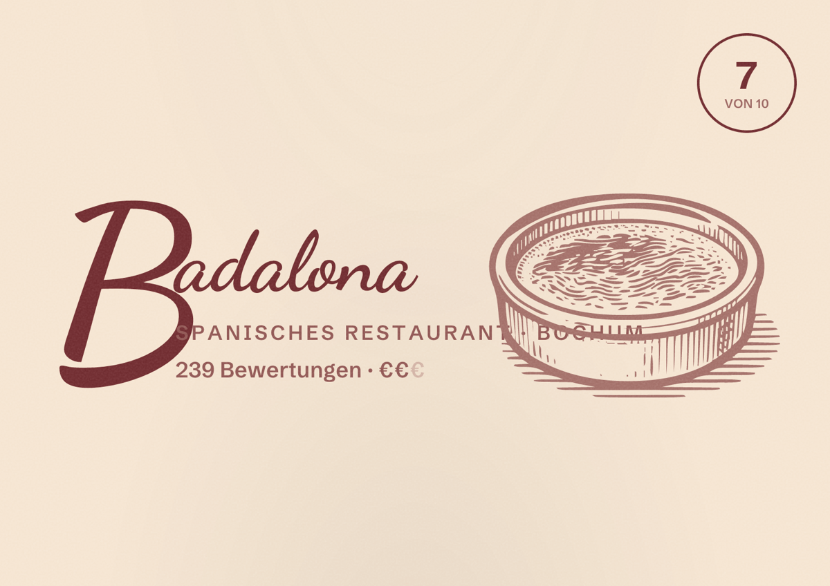 Illustriertes Poster von Badalona, Spanisches Restaurant in Bochum: Bewertung 7 von 10 aus 239 Bewertungen, Preisniveau €€