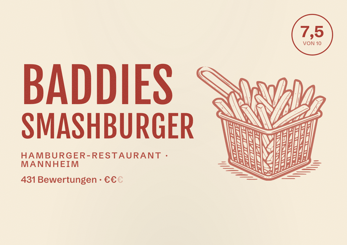 Illustriertes Poster von Baddies Smashburger, Hamburger-Restaurant in Mannheim: Bewertung 7,5 von 10 aus 431 Bewertungen, Preisniveau €€