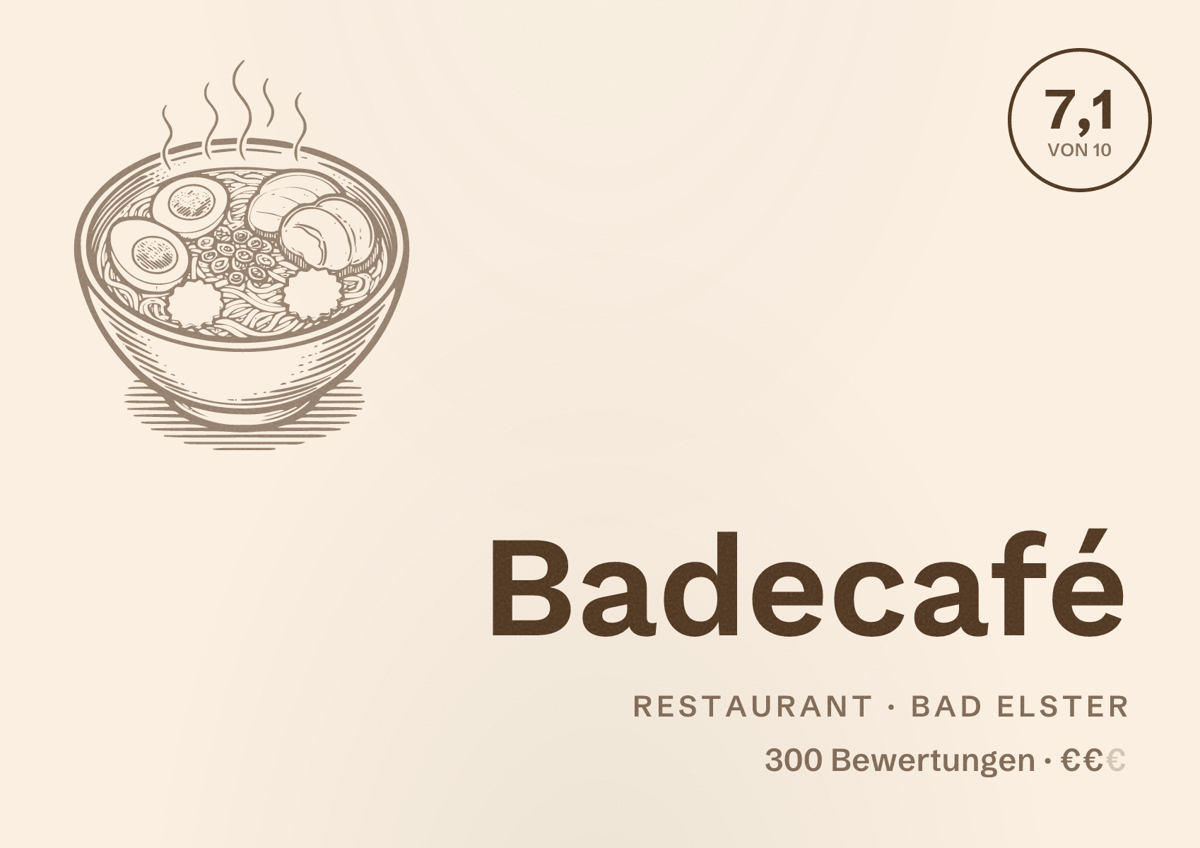 Illustriertes Poster von Badecafé, Restaurant in Bad Elster: Bewertung 7,1 von 10 aus 300 Bewertungen, Preisniveau €€