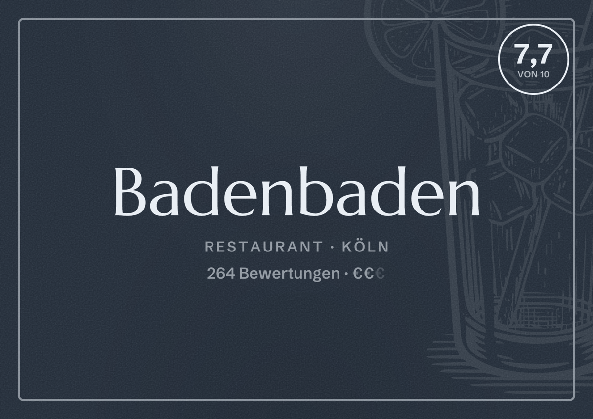 Illustriertes Poster von Badenbaden, Restaurant in Köln: Bewertung 7,7 von 10 aus 264 Bewertungen, Preisniveau €€