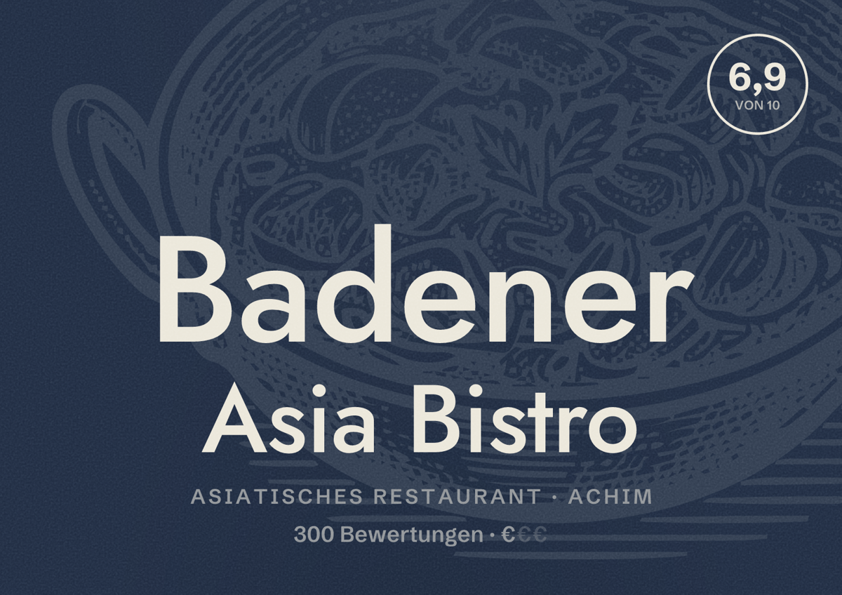 Illustriertes Poster von Badener Asia Bistro, Asiatisches Restaurant in Achim: Bewertung 6,9 von 10 aus 300 Bewertungen, Preisniveau €