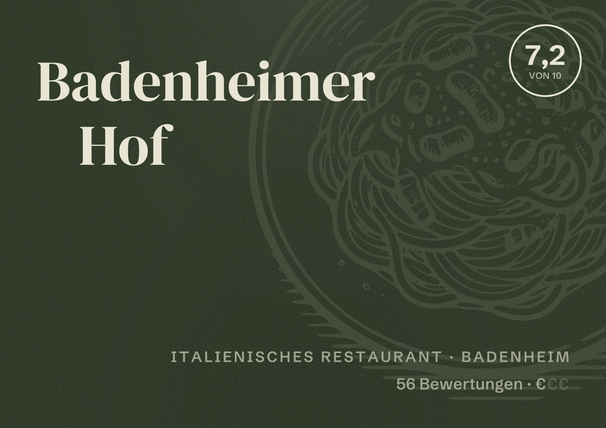 Illustriertes Poster von Badenheimer Hof, Italienisches Restaurant in Badenheim: Bewertung 7,2 von 10 aus 56 Bewertungen, Preisniveau €