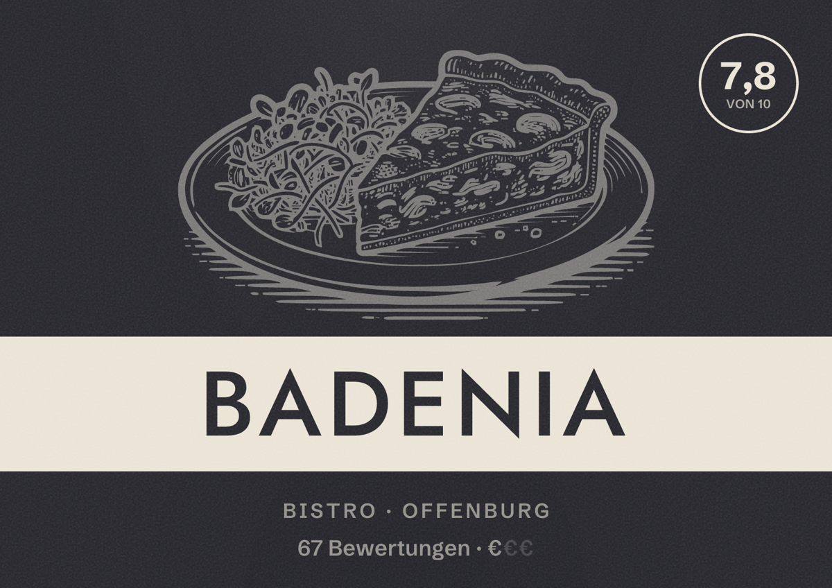 Illustriertes Poster von Badenia, Bistro in Offenburg: Bewertung 7,8 von 10 aus 67 Bewertungen, Preisniveau €