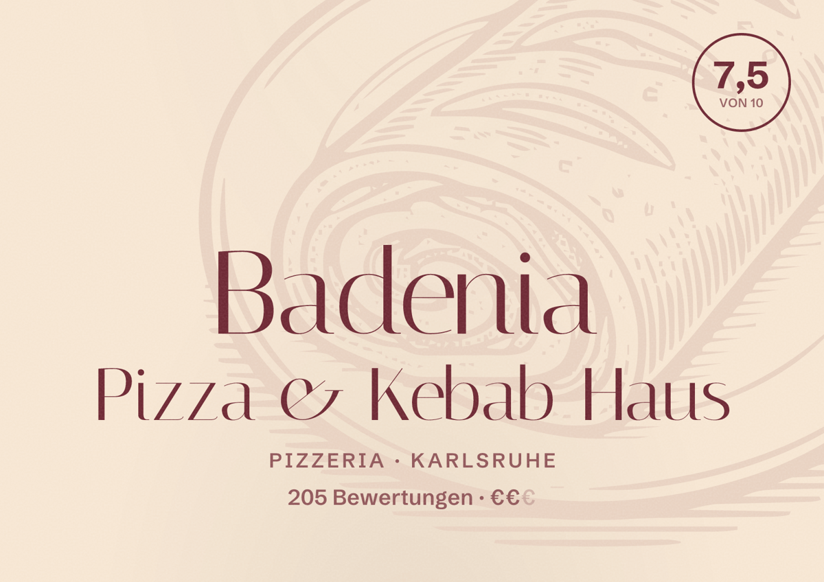 Illustriertes Poster von Badenia Pizza & Kebab Haus, Pizzeria in Karlsruhe: Bewertung 7,5 von 10 aus 205 Bewertungen, Preisniveau €€